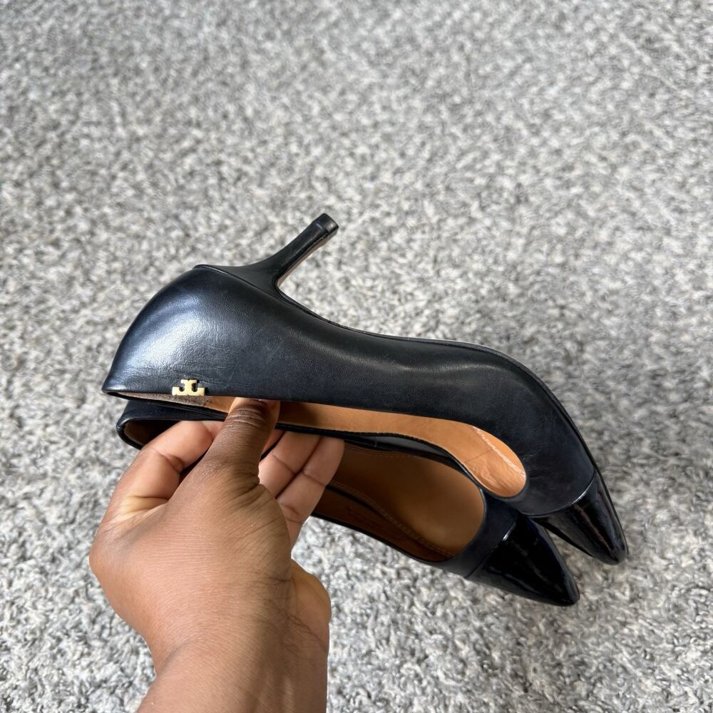 Tory Burch Penelope Cap Toe Pumps Heels Sz 5 Black Leather Patent Pointed Toe - Picture 2 of 6